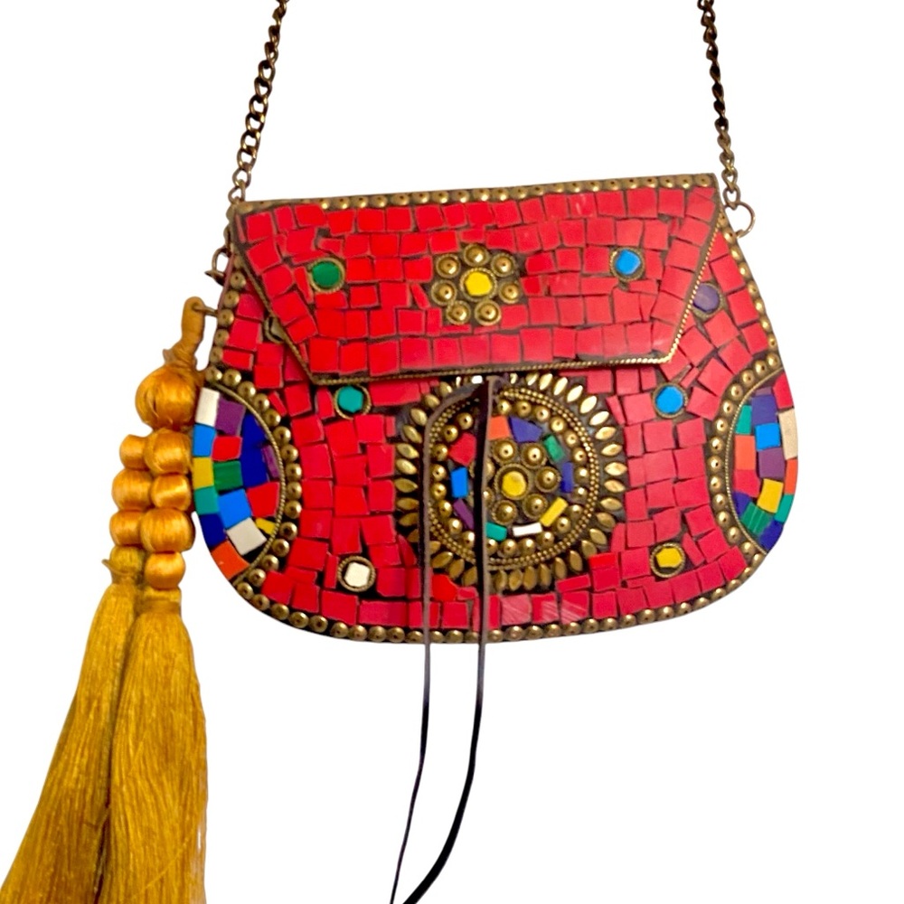 Sam Edelman Thana II Red Mosaic Tile Metal Clutch Purse & Crossbody Bag